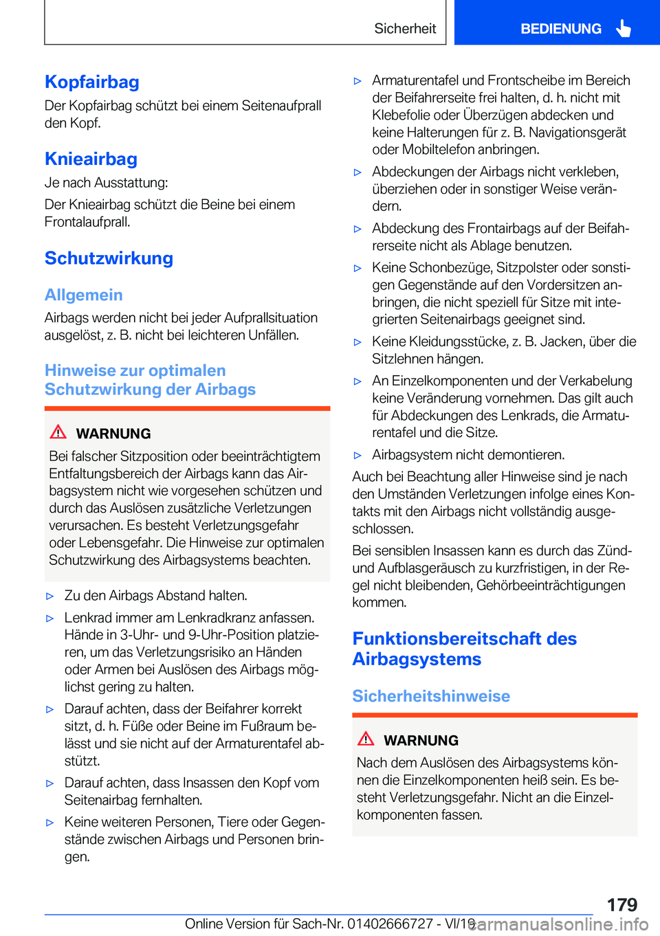 BMW M5 2020  Betriebsanleitungen (in German) �K�o�p�f�a�i�r�b�a�g�D�e�r��K�o�p�f�a�i�r�b�a�g��s�c�h�