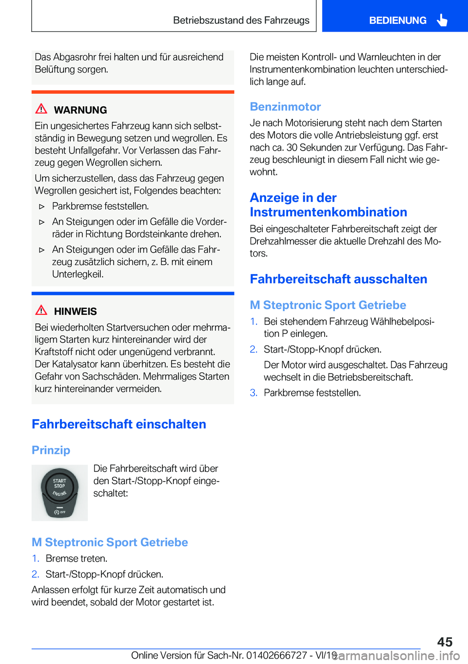 BMW M5 2020  Betriebsanleitungen (in German) �D�a�s��A�b�g�a�s�r�o�h�r��f�r�e�i��h�a�l�t�e�n��u�n�d��f�