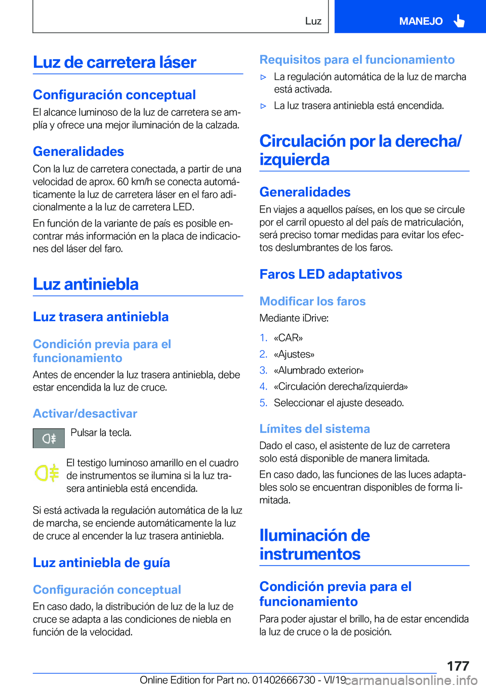 BMW M5 2020  Manuales de Empleo (in Spanish) �L�u�z��d�e��c�a�r�r�e�t�e�r�a��l�