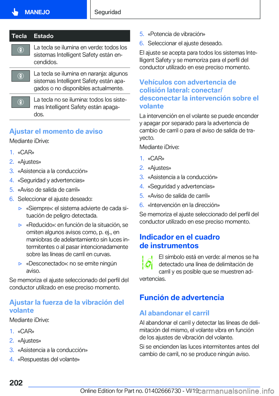 BMW M5 2020  Manuales de Empleo (in Spanish) �T�e�c�l�a�E�s�t�a�d�o�L�a��t�e�c�l�a��s�e��i�l�u�m�i�n�a��e�n��v�e�r�d�e�:��t�o�d�o�s��l�o�s�s�i�s�t�e�m�a�s��I�n�t�e�l�l�i�g�e�n�t��S�a�f�e�t�y��e�s�t�