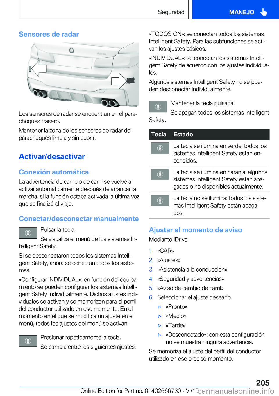 BMW M5 2020  Manuales de Empleo (in Spanish) �S�e�n�s�o�r�e�s��d�e��r�a�d�a�r
�L�o�s��s�e�n�s�o�r�e�s��d�e��r�a�d�a�r��s�e��e�n�c�u�e�n�t�r�a�n��e�n��e�l��p�a�r�aª
�c�h�o�q�u�e�s��t�r�a�s�e�r�o�.
�M�a�n�t�e�n�e�r��l�a��z�o�n�a��d