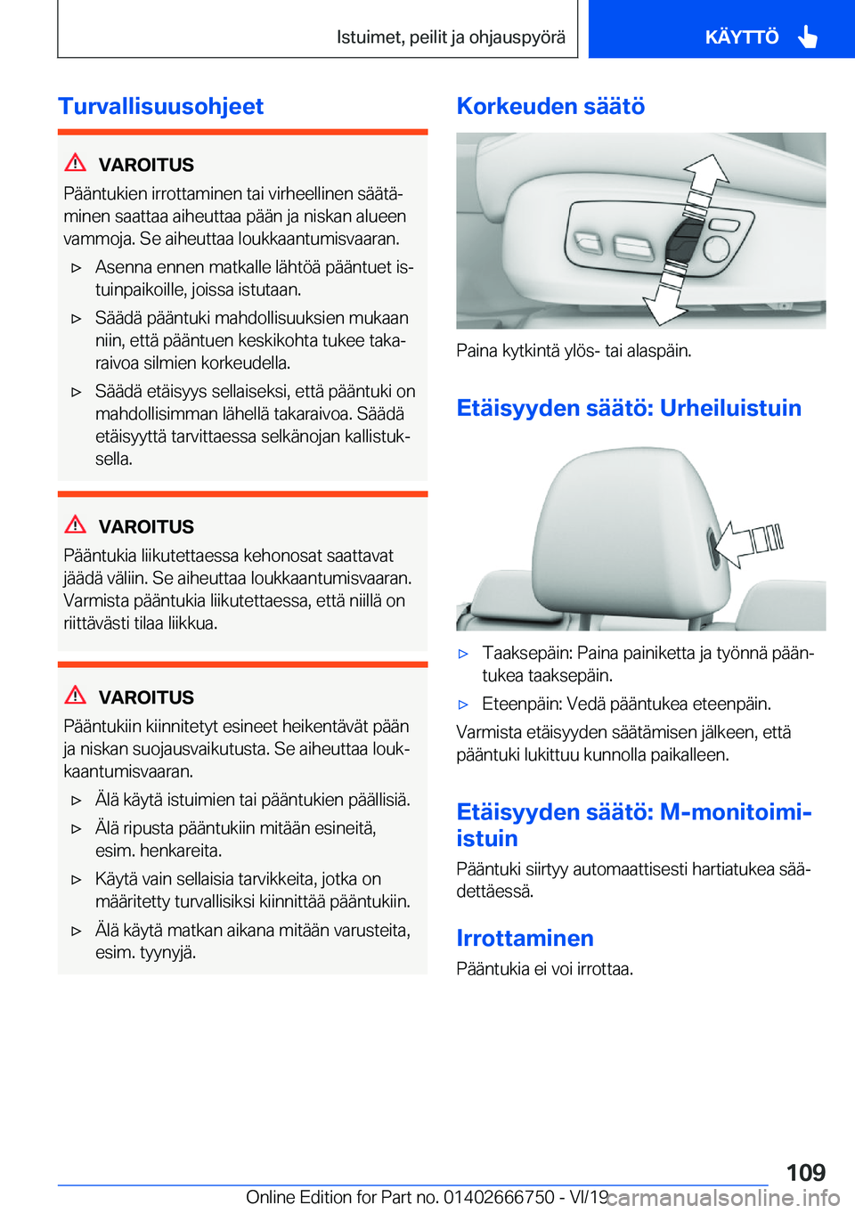 BMW M5 2020  Omistajan Käsikirja (in Finnish) �T�u�r�v�a�l�l�i�s�u�u�s�o�h�j�e�e�t
�V�A�R�O�I�T�U�S
�P�