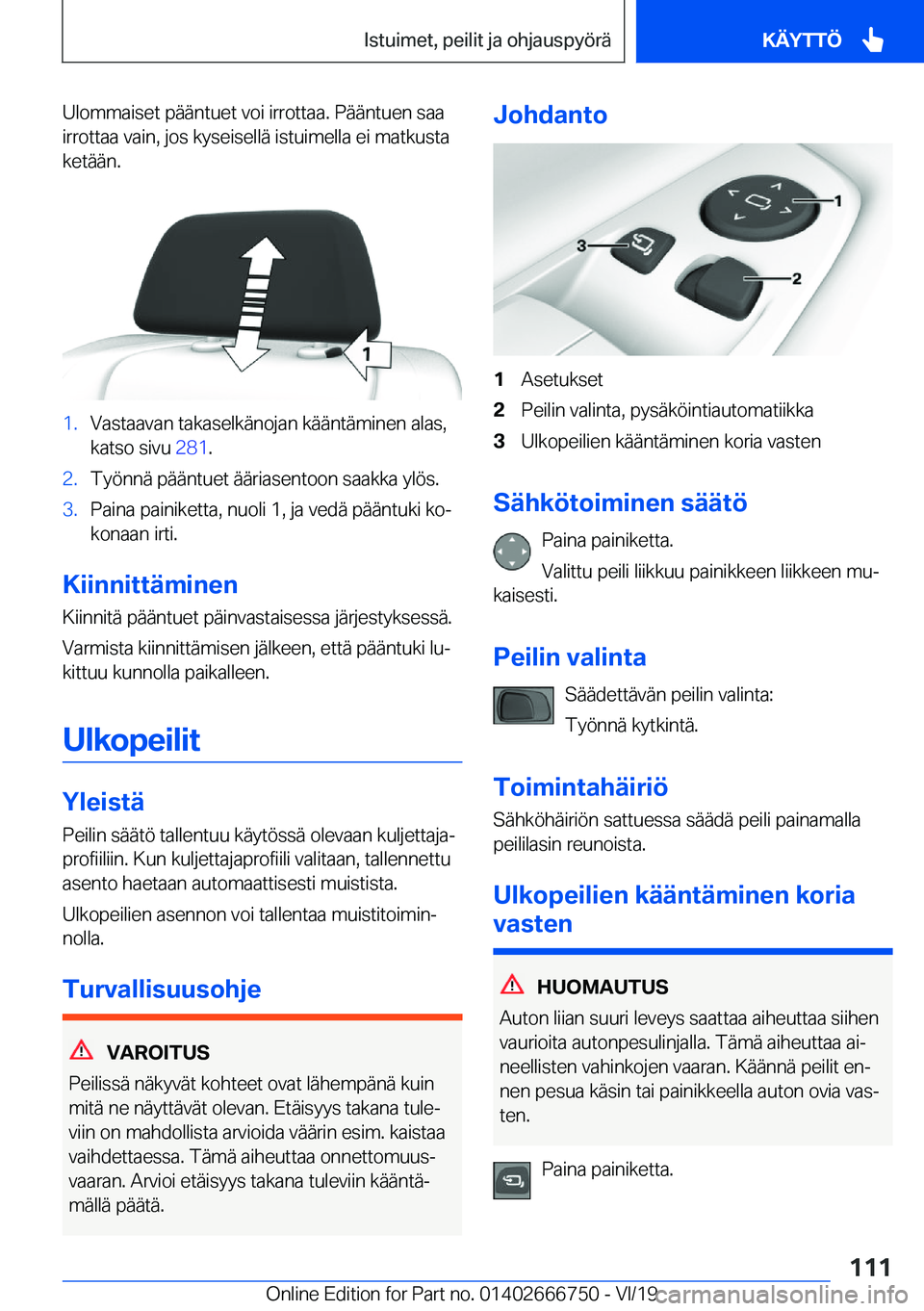 BMW M5 2020  Omistajan Käsikirja (in Finnish) �U�l�o�m�m�a�i�s�e�t��p�