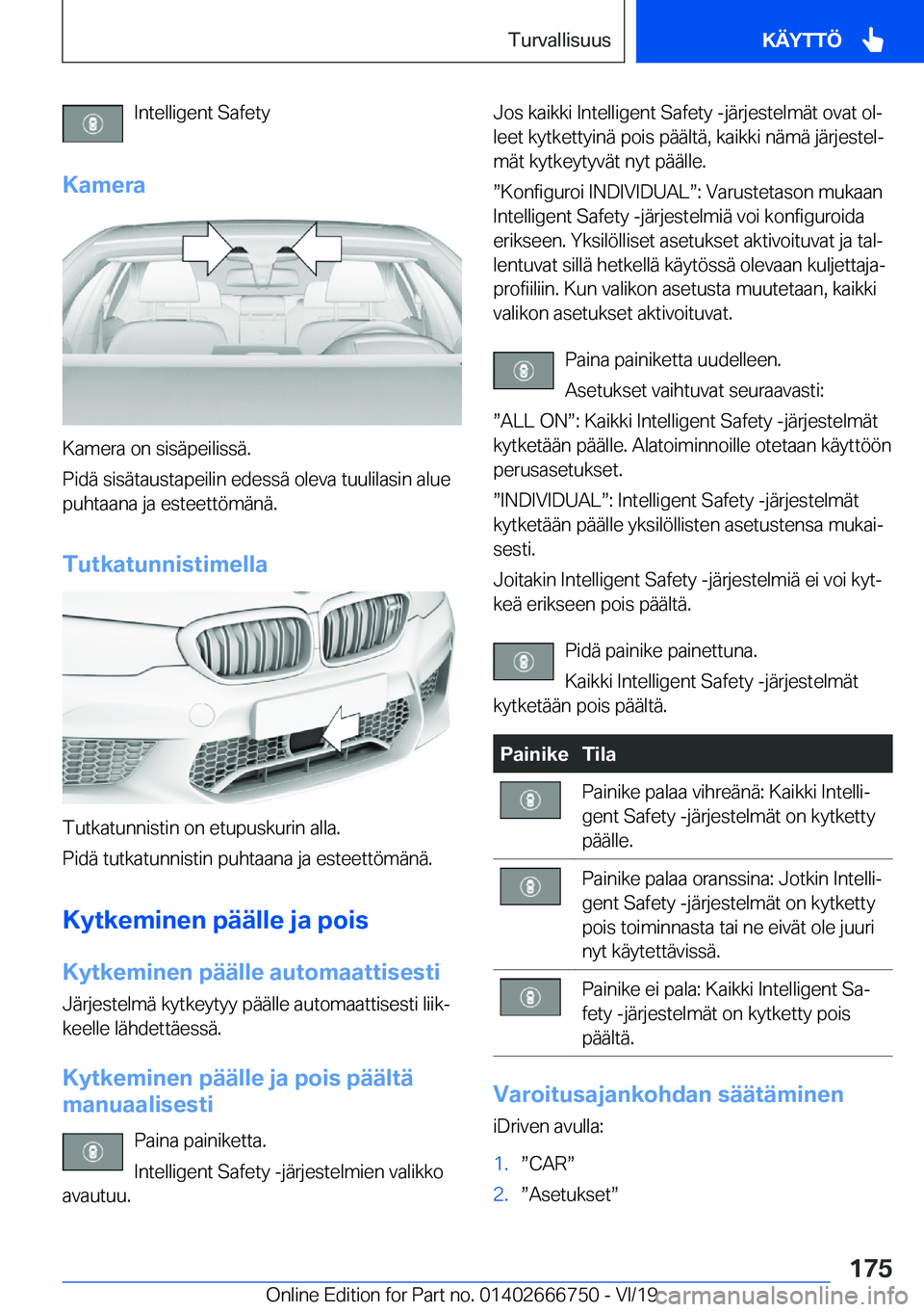 BMW M5 2020  Omistajan Käsikirja (in Finnish) �I�n�t�e�l�l�i�g�e�n�t��S�a�f�e�t�y
�K�a�m�e�r�a
�K�a�m�e�r�a��o�n��s�i�s�