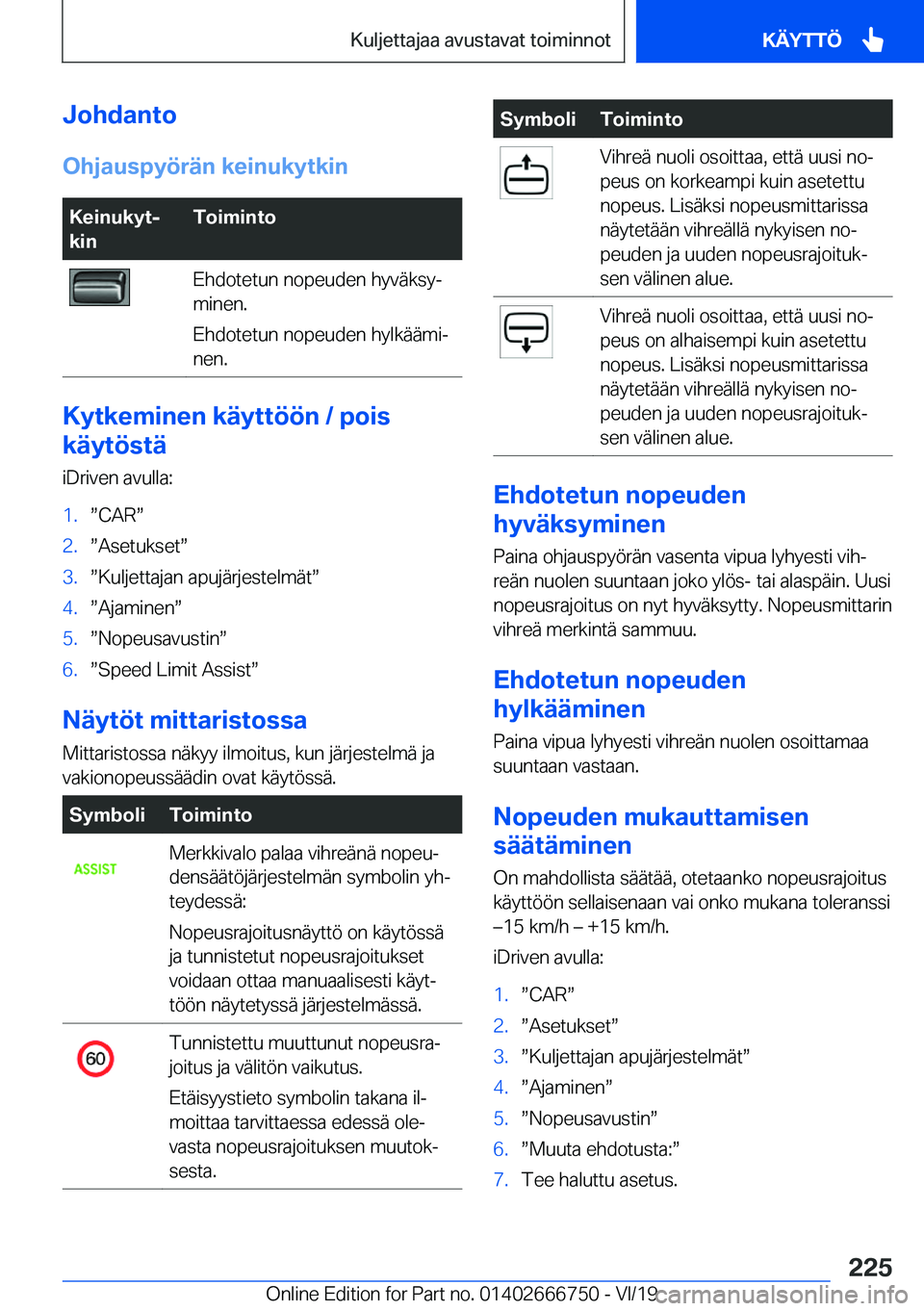 BMW M5 2020  Omistajan Käsikirja (in Finnish) �J�o�h�d�a�n�t�o
�O�h�j�a�u�s�p�y�