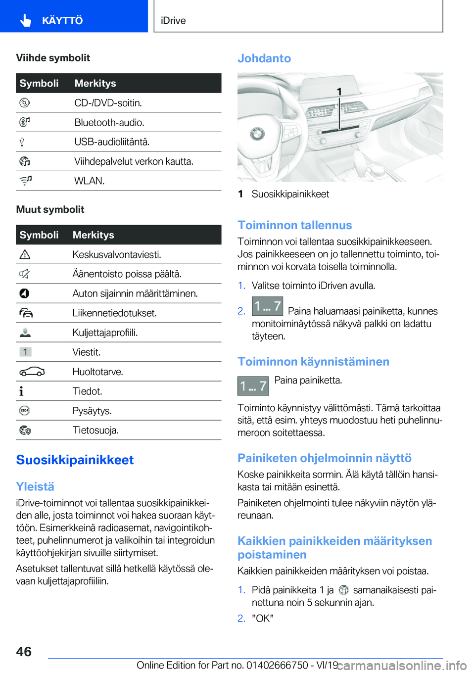 BMW M5 2020  Omistajan Käsikirja (in Finnish) �V�i�i�h�d�e��s�y�m�b�o�l�i�t�S�y�m�b�o�l�i�M�e�r�k�i�t�y�s��C�D�-�/�D�V�D�-�s�o�i�t�i�n�.��B�l�u�e�t�o�o�t�h�-�a�u�d�i�o�.��U�S�B�-�a�u�d�i�o�l�i�i�t�