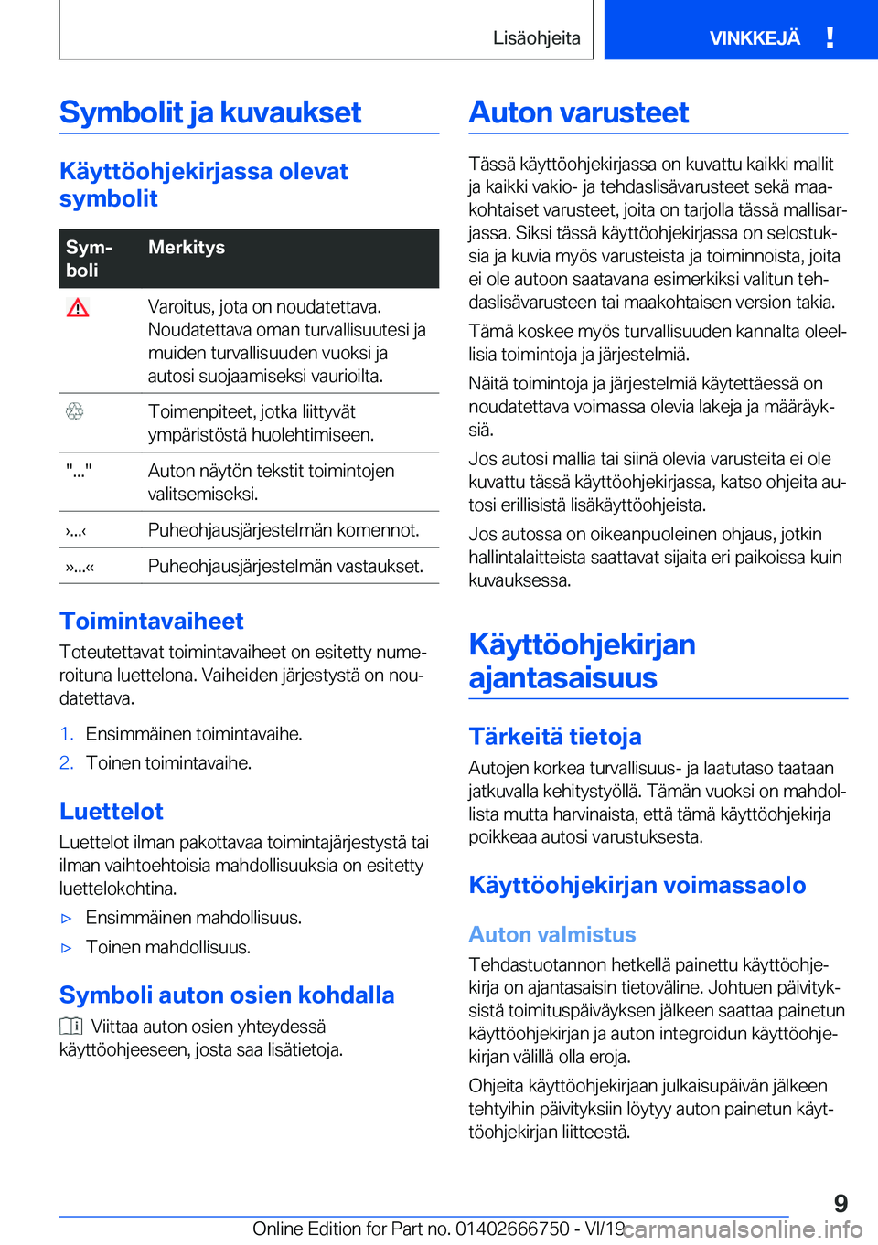 BMW M5 2020  Omistajan Käsikirja (in Finnish) �S�y�m�b�o�l�i�t��j�a��k�u�v�a�u�k�s�e�t
�K�