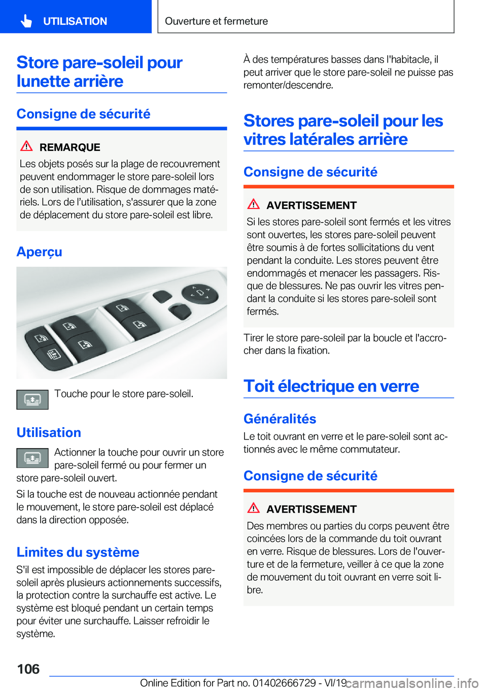 BMW M5 2020  Notices Demploi (in French) �S�t�o�r�e��p�a�r�e�-�s�o�l�e�i�l��p�o�u�r�l�u�n�e�t�t�e��a�r�r�i�è�r�e
�C�o�n�s�i�g�n�e��d�e��s�é�c�u�r�i�t�é
�R�E�M�A�R�Q�U�E
�L�e�s��o�b�j�e�t�s��p�o�s�é�s��s�u�r��l�a��p�l�a�g�e��d�