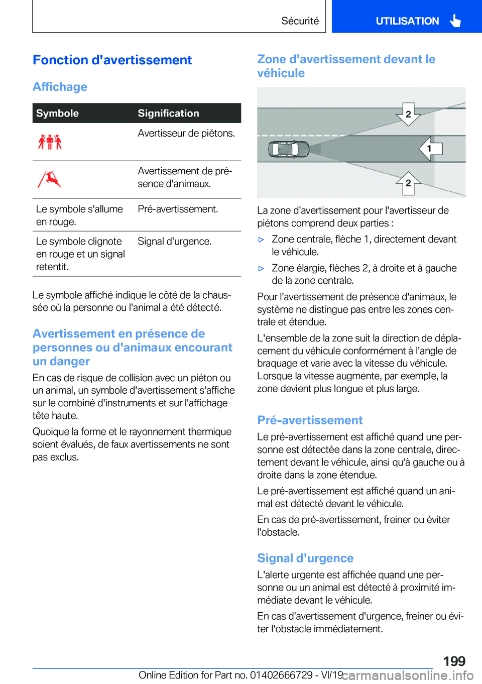 BMW M5 2020  Notices Demploi (in French) �F�o�n�c�t�i�o�n��d�'�a�v�e�r�t�i�s�s�e�m�e�n�t
�A�f�f�i�c�h�a�g�e�S�y�m�b�o�l�e�S�i�g�n�i�f�i�c�a�t�i�o�n�A�v�e�r�t�i�s�s�e�u�r��d�e��p�i�é�t�o�n�s�.�A�v�e�r�t�i�s�s�e�m�e�n�t��d�e��p�r�é