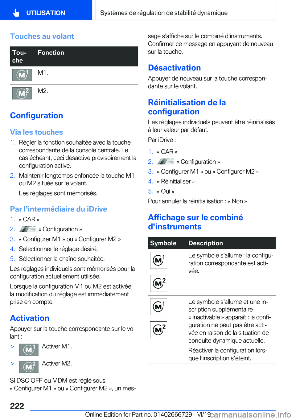 BMW M5 2020  Notices Demploi (in French) �T�o�u�c�h�e�s��a�u��v�o�l�a�n�t�T�o�uj
�c�h�e�F�o�n�c�t�i�o�n�M�1�.�M�2�.
�C�o�n�f�i�g�u�r�a�t�i�o�n
�V�i�a��l�e�s��t�o�u�c�h�e�s
�1�.�R�é�g�l�e�r��l�a��f�o�n�c�t�i�o�n��s�o�u�h�a�i�t�é�e�