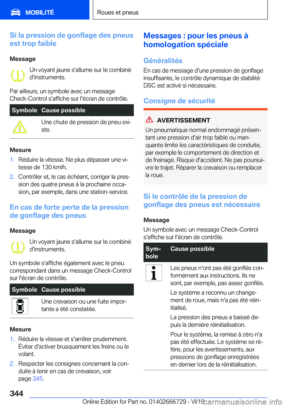 BMW M5 2020  Notices Demploi (in French) �S�i��l�a��p�r�e�s�s�i�o�n��d�e��g�o�n�f�l�a�g�e��d�e�s��p�n�e�u�s
�e�s�t��t�r�o�p��f�a�i�b�l�e
�M�e�s�s�a�g�e �U�n��v�o�y�a�n�t��j�a�u�n�e��s�'�a�l�l�u�m�e��s�u�r��l�e��c�o�m�b�i�n�