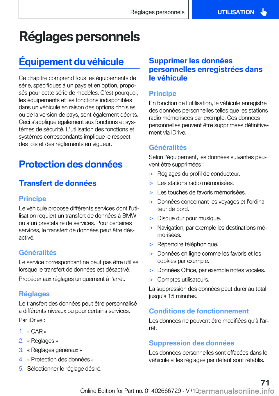 BMW M5 2020  Notices Demploi (in French) �R�é�g�l�a�g�e�s��p�e�r�s�o�n�n�e�l�s�