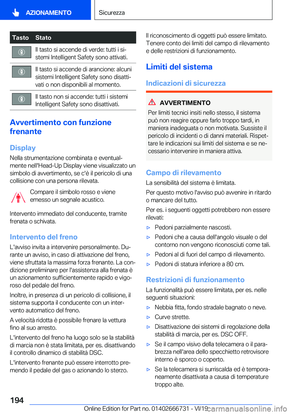 BMW M5 2020  Libretti Di Uso E manutenzione (in Italian) �T�a�s�t�o�S�t�a�t�o�I�l��t�a�s�t�o��s�i��a�c�c�e�n�d�e��d�i��v�e�r�d�e�:��t�u�t�t�i��i��s�iª
�s�t�e�m�i��I�n�t�e�l�l�i�g�e�n�t��S�a�f�e�t�y��s�o�n�o��a�t�t�i�v�a�t�i�.�I�l��t�a�s�t�o�