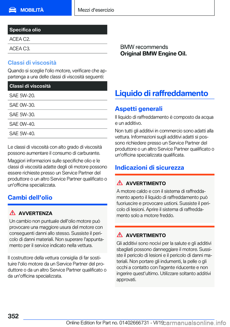 BMW M5 2020  Libretti Di Uso E manutenzione (in Italian) �S�p�e�c�i�f�i�c�a��o�l�i�o�A�C�E�A��C�2�.�A�C�E�A��C�3�.
�C�l�a�s�s�i��d�i��v�i�s�c�o�s�i�t�