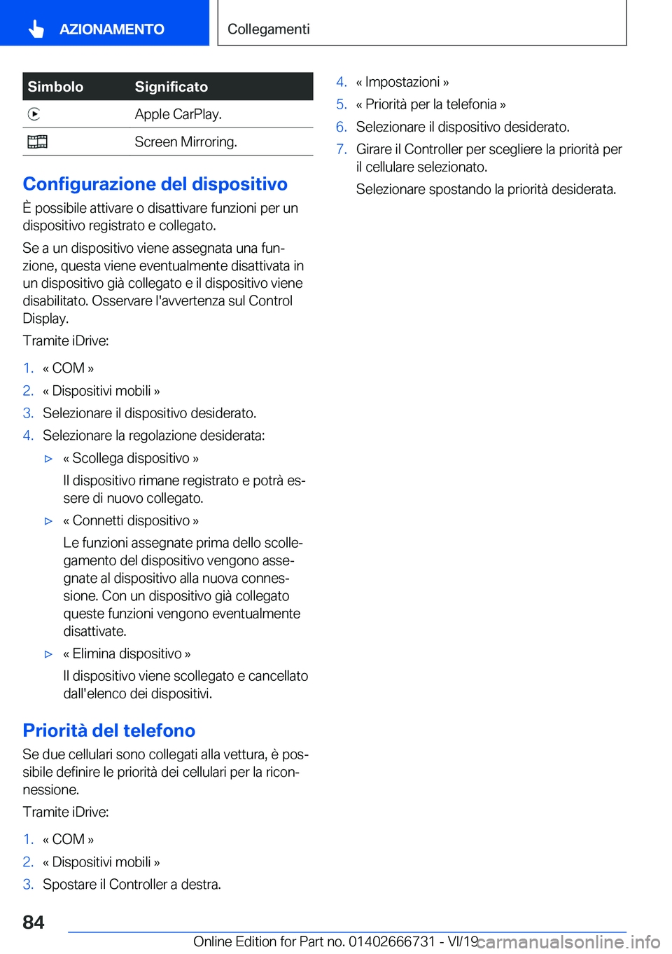 BMW M5 2020  Libretti Di Uso E manutenzione (in Italian) �S�i�m�b�o�l�o�S�i�g�n�i�f�i�c�a�t�o��A�p�p�l�e��C�a�r�P�l�a�y�.��S�c�r�e�e�n��M�i�r�r�o�r�i�n�g�.
�C�o�n�f�i�g�u�r�a�z�i�o�n�e��d�e�l��d�i�s�p�o�s�i�t�i�v�o�
