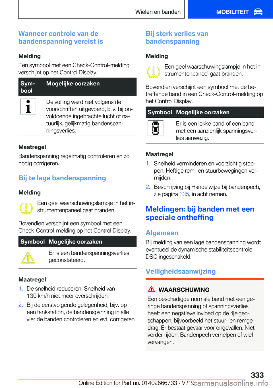 BMW M5 2020  Instructieboekjes (in Dutch) �W�a�n�n�e�e�r��c�o�n�t�r�o�l�e��v�a�n��d�e
�b�a�n�d�e�n�s�p�a�n�n�i�n�g��v�e�r�e�i�s�t��i�s
�M�e�l�d�i�n�g
�E�e�n��s�y�m�b�o�o�l��m�e�t��e�e�n��C�h�e�c�k�-�C�o�n�t�r�o�l�-�m�e�l�d�i�n�g
�v�e