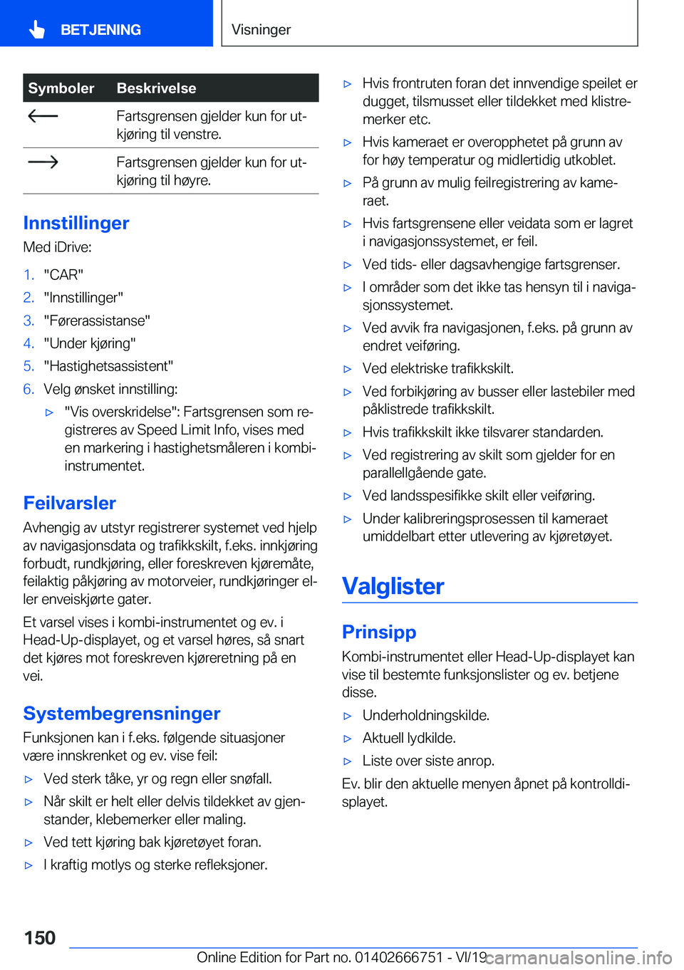 BMW M5 2020  InstruksjonsbØker (in Norwegian) �S�y�m�b�o�l�e�r�B�e�s�k�r�i�v�e�l�s�e��F�a�r�t�s�g�r�e�n�s�e�n��g�j�e�l�d�e�r��k�u�n��f�o�r��u�tj
�k�j�