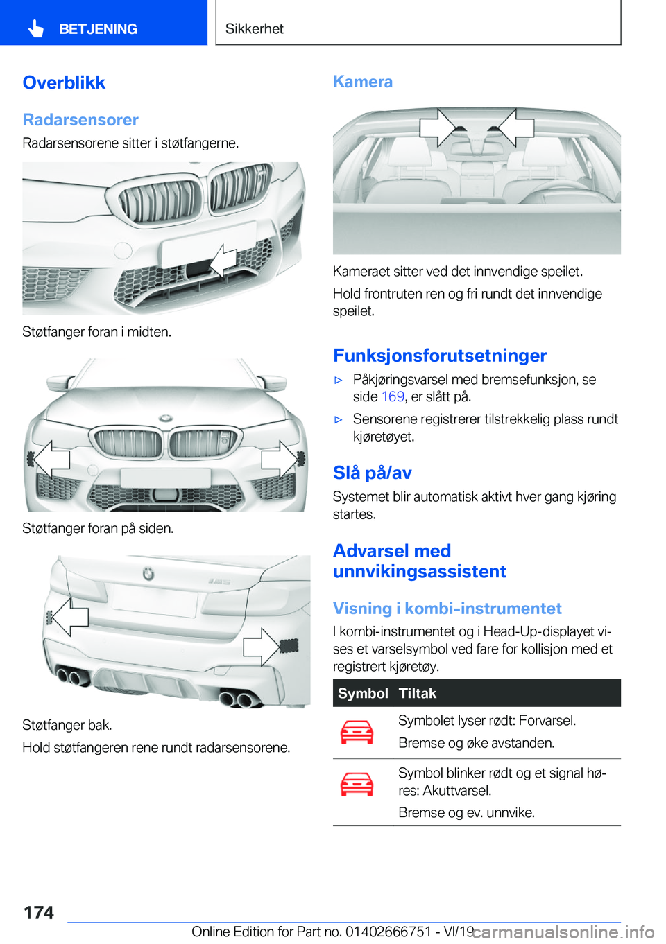 BMW M5 2020  InstruksjonsbØker (in Norwegian) �O�v�e�r�b�l�i�k�k�R�a�d�a�r�s�e�n�s�o�r�e�r
�R�a�d�a�r�s�e�n�s�o�r�e�n�e��s�i�t�t�e�r��i��s�t�