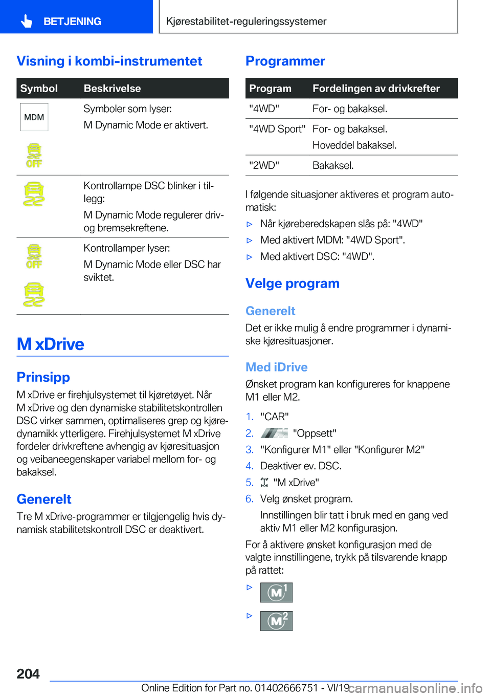 BMW M5 2020  InstruksjonsbØker (in Norwegian) �V�i�s�n�i�n�g��i��k�o�m�b�i�-�i�n�s�t�r�u�m�e�n�t�e�t�S�y�m�b�o�l�B�e�s�k�r�i�v�e�l�s�e�S�y�m�b�o�l�e�r��s�o�m��l�y�s�e�r�:
�M��D�y�n�a�m�i�c��M�o�d�e��e�r��a�k�t�i�v�e�r�t�.�K�o�n�t�r�o�l�l�