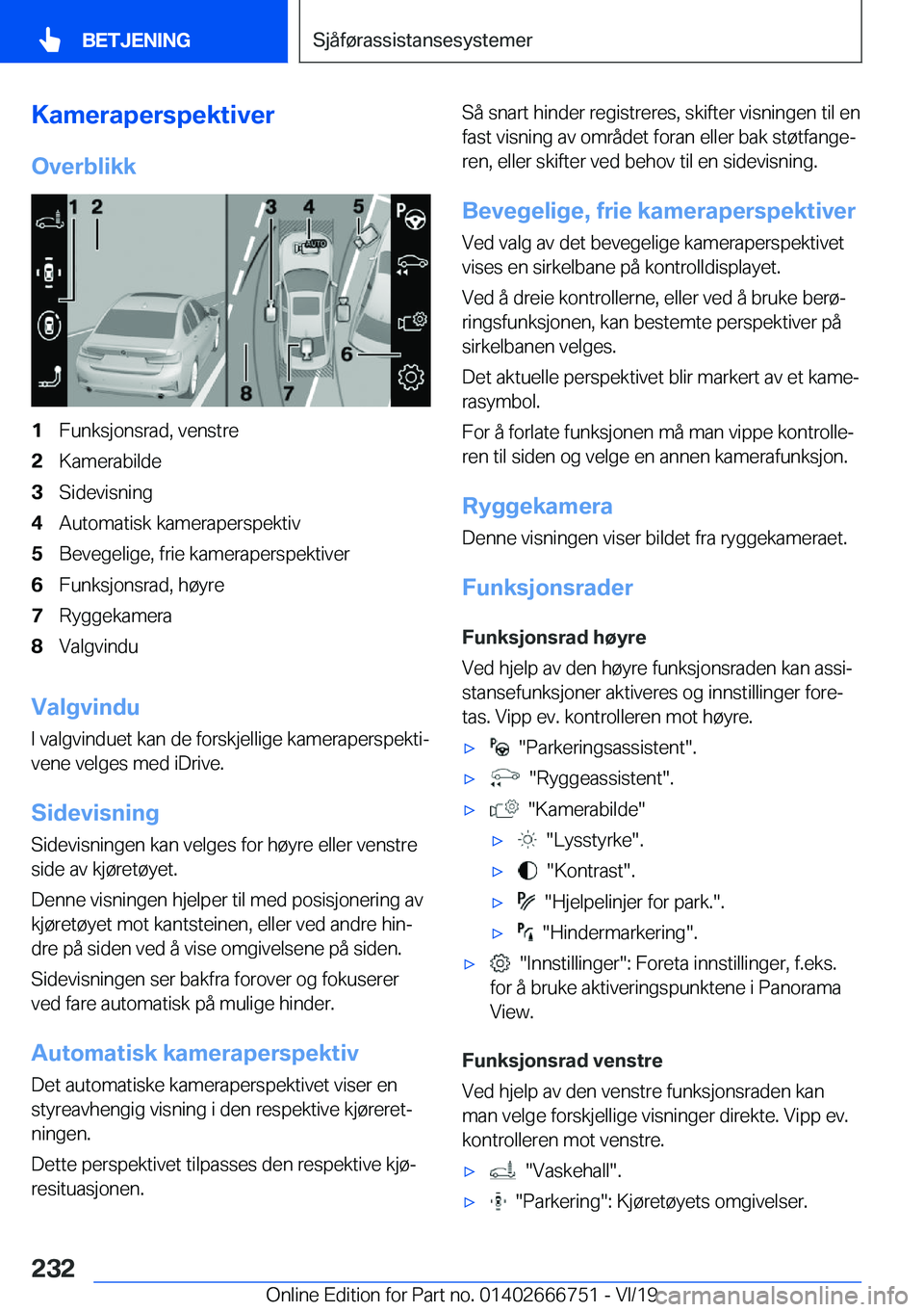BMW M5 2020  InstruksjonsbØker (in Norwegian) �K�a�m�e�r�a�p�e�r�s�p�e�k�t�i�v�e�r�O�v�e�r�b�l�i�k�k�1�F�u�n�k�s�j�o�n�s�r�a�d�,��v�e�n�s�t�r�e�2�K�a�m�e�r�a�b�i�l�d�e�3�S�i�d�e�v�i�s�n�i�n�g�4�A�u�t�o�m�a�t�i�s�k��k�a�m�e�r�a�p�e�r�s�p�e�k�t�i