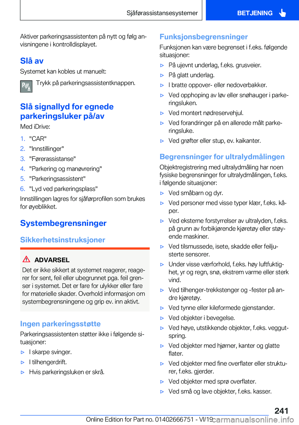BMW M5 2020  InstruksjonsbØker (in Norwegian) �A�k�t�i�v�e�r��p�a�r�k�e�r�i�n�g�s�a�s�s�i�s�t�e�n�t�e�n��p�å��n�y�t�t��o�g��f�