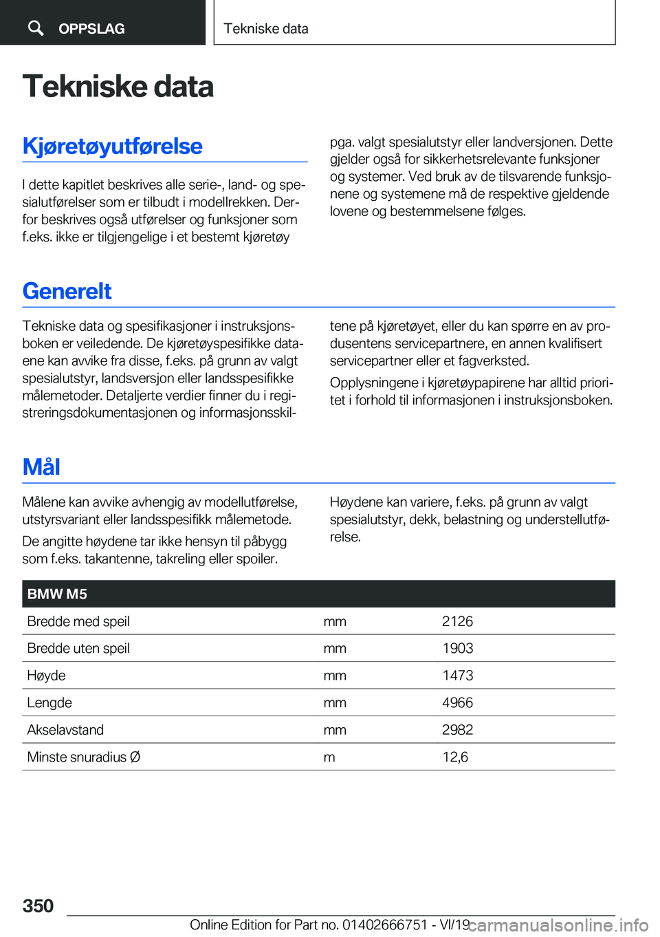 BMW M5 2020  InstruksjonsbØker (in Norwegian) �T�e�k�n�i�s�k�e��d�a�t�a�K�j�