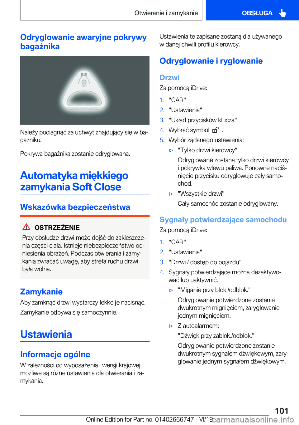 BMW M5 2020  Instrukcja obsługi (in Polish) �O�d�r�y�g�l�o�w�a�n�i�e��a�w�a�r�y�j�n�e��p�o�k�r�y�w�y
�b�a�g�a9�n�i�k�a
�N�a�l�e9�y��p�o�c�i�