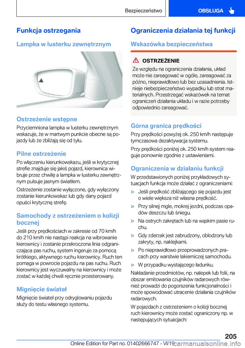 BMW M5 2020  Instrukcja obsługi (in Polish) �F�u�n�k�c�j�a��o�s�t�r�z�e�g�a�n�i�a
�L�a�m�p�k�a��w��l�u�s�t�e�r�k�u��z�e�w�n�
