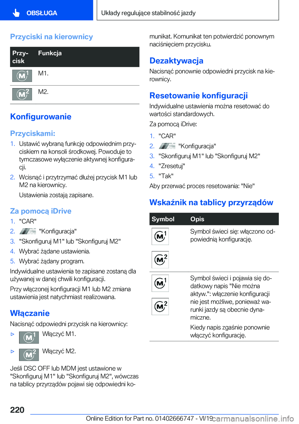 BMW M5 2020  Instrukcja obsługi (in Polish) �P�r�z�y�c�i�s�k�i��n�a��k�i�e�r�o�w�n�i�c�y�P�r�z�yj
�c�i�s�k�F�u�n�k�c�j�a�M�1�.�M�2�.
�K�o�n�f�i�g�u�r�o�w�a�n�i�e
�P�r�z�y�c�i�s�k�a�m�i�:
�1�.�U�s�t�a�w�i�