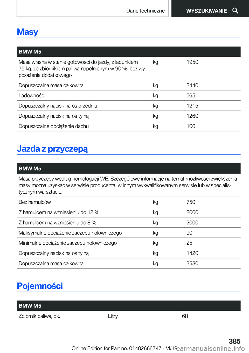 BMW M5 2020  Instrukcja obsługi (in Polish) �M�a�s�y
�
�B�M�W��M�5�M�a�s�a��w�ł�a�s�n�a��w��s�t�a�n�i�e��g�o�t�o�w�o�c�i��d�o��j�a�z�d�y�,��z��ł�a�d�u�n�k�i�e�m
�7�5��k�g�,��z�e��z�b�i�o�r�n�i�k�i�e�m��p�a�l�i�w�a��n�a�p�e�ł