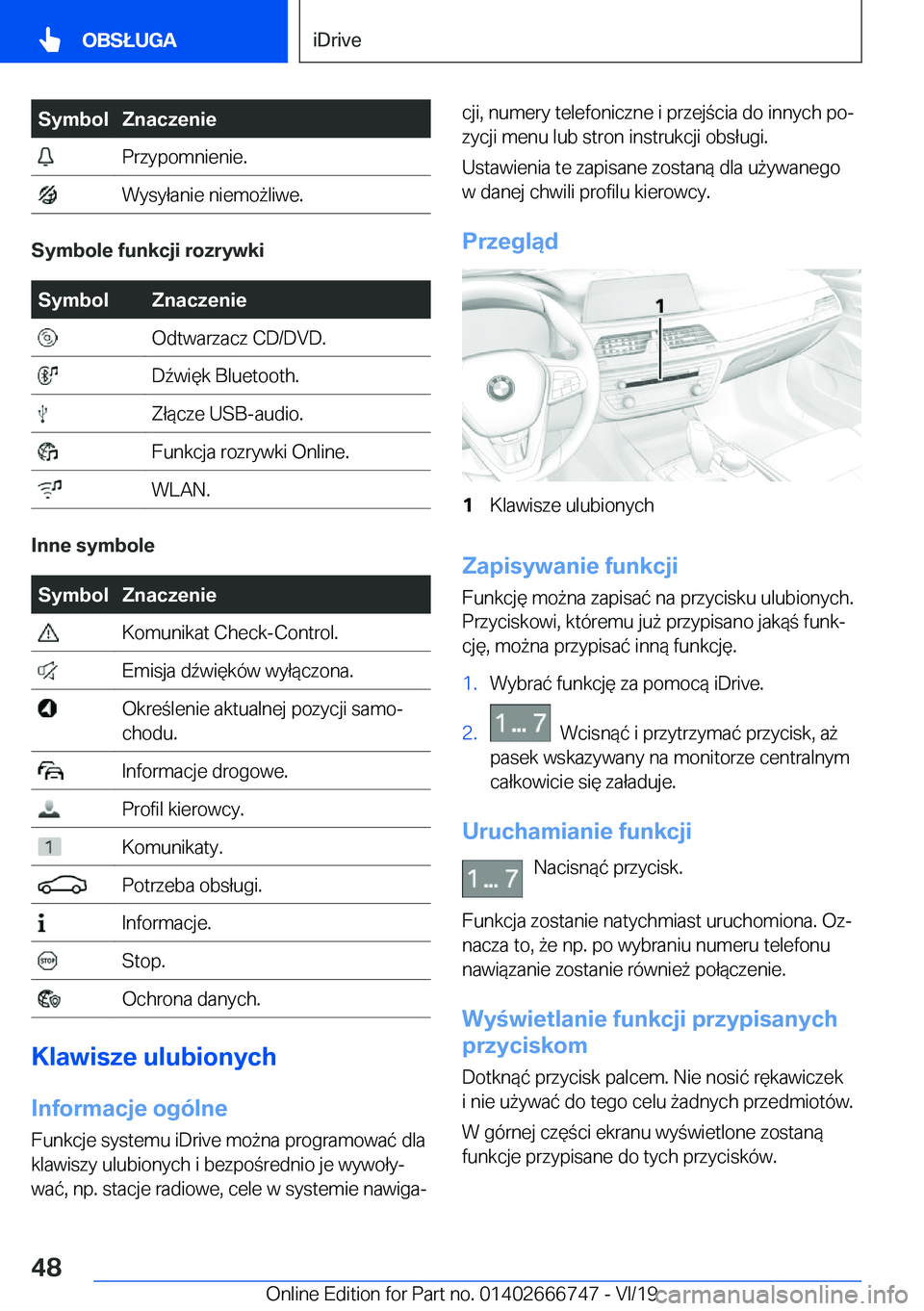 BMW M5 2020  Instrukcja obsługi (in Polish) �S�y�m�b�o�l�Z�n�a�c�z�e�n�i�e��P�r�z�y�p�o�m�n�i�e�n�i�e�.��W�y�s�y�ł�a�n�i�e��n�i�e�m�o9�l�i�w�e�.
�S�y�m�b�o�l�e��f�u�n�k�c�j�i��r�o�z�r�y�w�k�i
�S�y�m�b�o�l�Z�n�a�c�z�e�n�i�e��O�d�t�w�a�r�