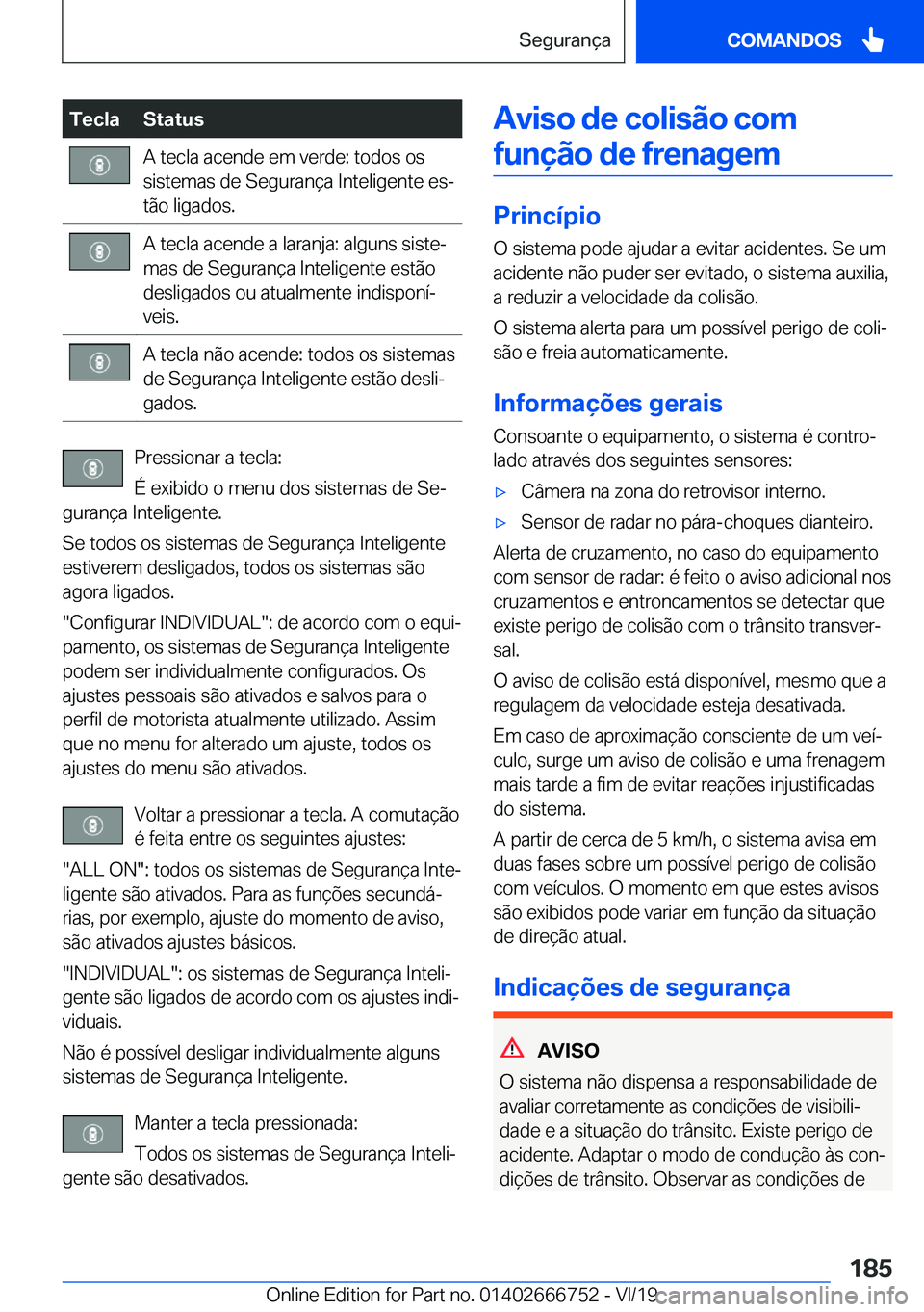 BMW M5 2020  Manual do condutor (in Portuguese) �T�e�c�l�a�S�t�a�t�u�s�A��t�e�c�l�a��a�c�e�n�d�e��e�m��v�e�r�d�e�:��t�o�d�o�s��o�s
�s�i�s�t�e�m�a�s��d�e��S�e�g�u�r�a�n�