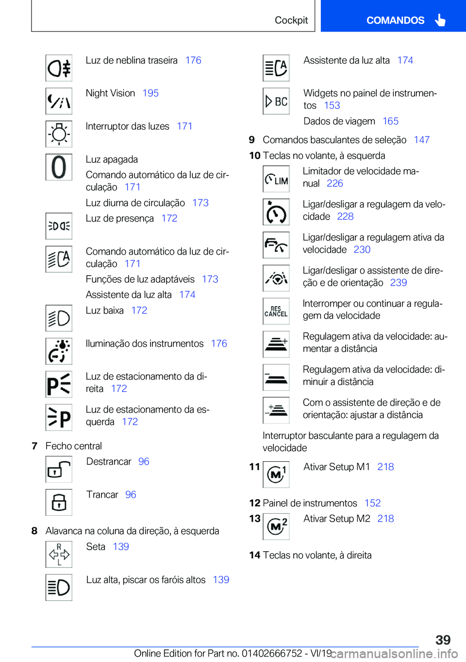 BMW M5 2020  Manual do condutor (in Portuguese) �L�u�z��d�e��n�e�b�l�i�n�a��t�r�a�s�e�i�r�a\_�1�7�6�N�i�g�h�t��V�i�s�i�o�n\_�1�9�5�I�n�t�e�r�r�u�p�t�o�r��d�a�s��l�u�z�e�s\_ �1�7�1�L�u�z��a�p�a�g�a�d�a
�C�o�m�a�n�d�o��a�u�t�o�m�á�t�i�