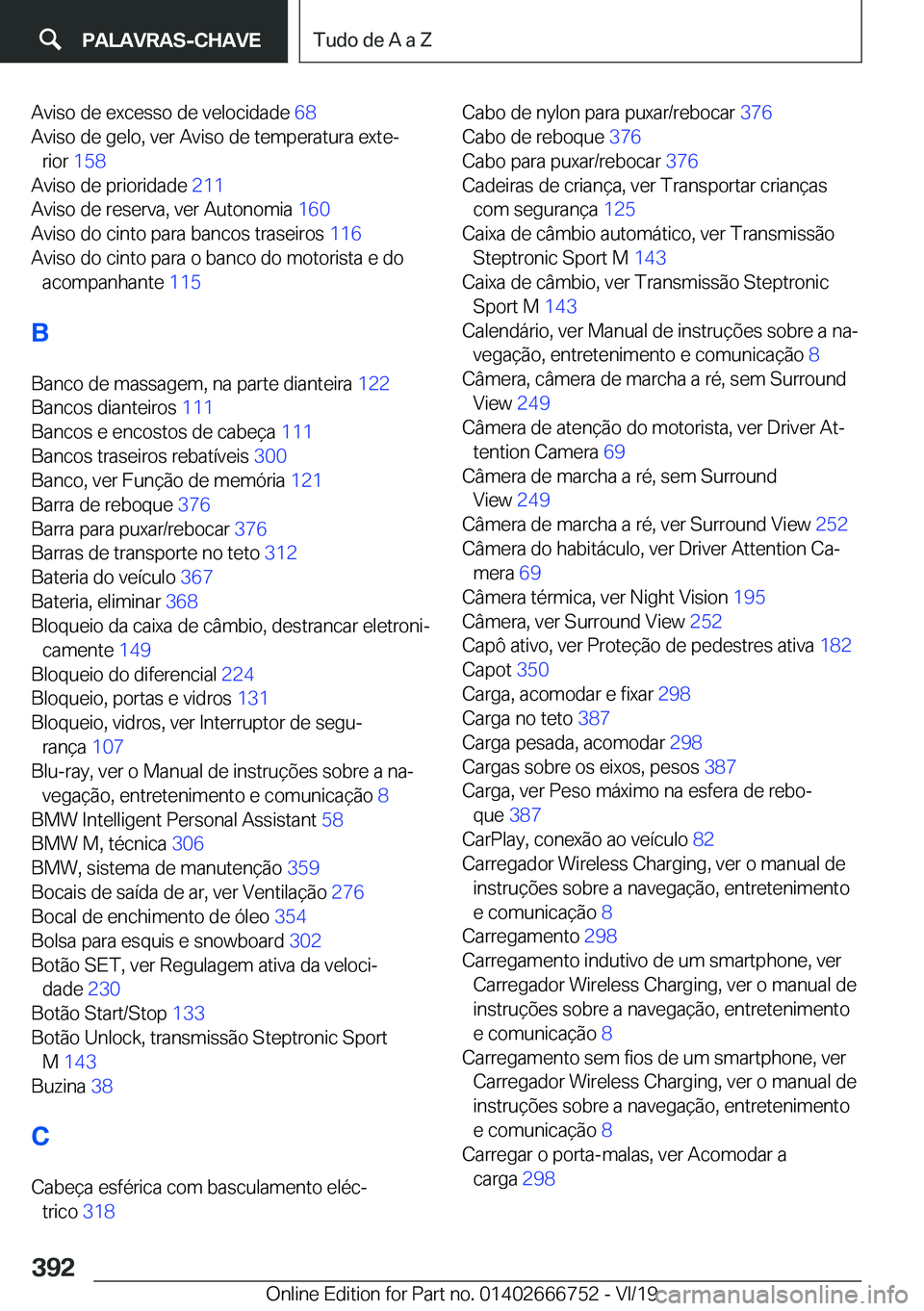 BMW M5 2020  Manual do condutor (in Portuguese) �A�v�i�s�o��d�e��e�x�c�e�s�s�o��d�e��v�e�l�o�c�i�d�a�d�e��6�8�
�A�v�i�s�o��d�e��g�e�l�o�,��v�e�r��A�v�i�s�o��d�e��t�e�m�p�e�r�a�t�u�r�a��e�x�t�eª �r�i�o�r� �1�5�8 �
�A�v�i�s�o��d�e�
