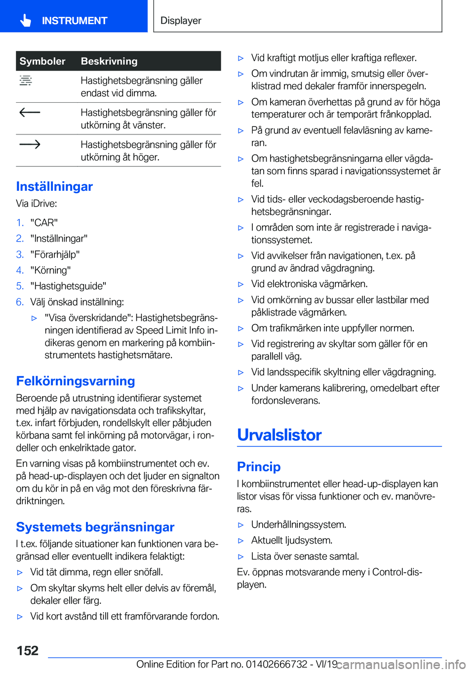 BMW M5 2020  InstruktionsbÖcker (in Swedish) �S�y�m�b�o�l�e�r�B�e�s�k�r�i�v�n�i�n�g��H�a�s�t�i�g�h�e�t�s�b�e�g�r�ä�n�s�n�i�n�g��g�ä�l�l�e�r
�e�n�d�a�s�t��v�i�d��d�i�m�m�a�.��H�a�s�t�i�g�h�e�t�s�b�e�g�r�ä�n�s�n�i�n�g��g�ä�l�l�e�r��f�