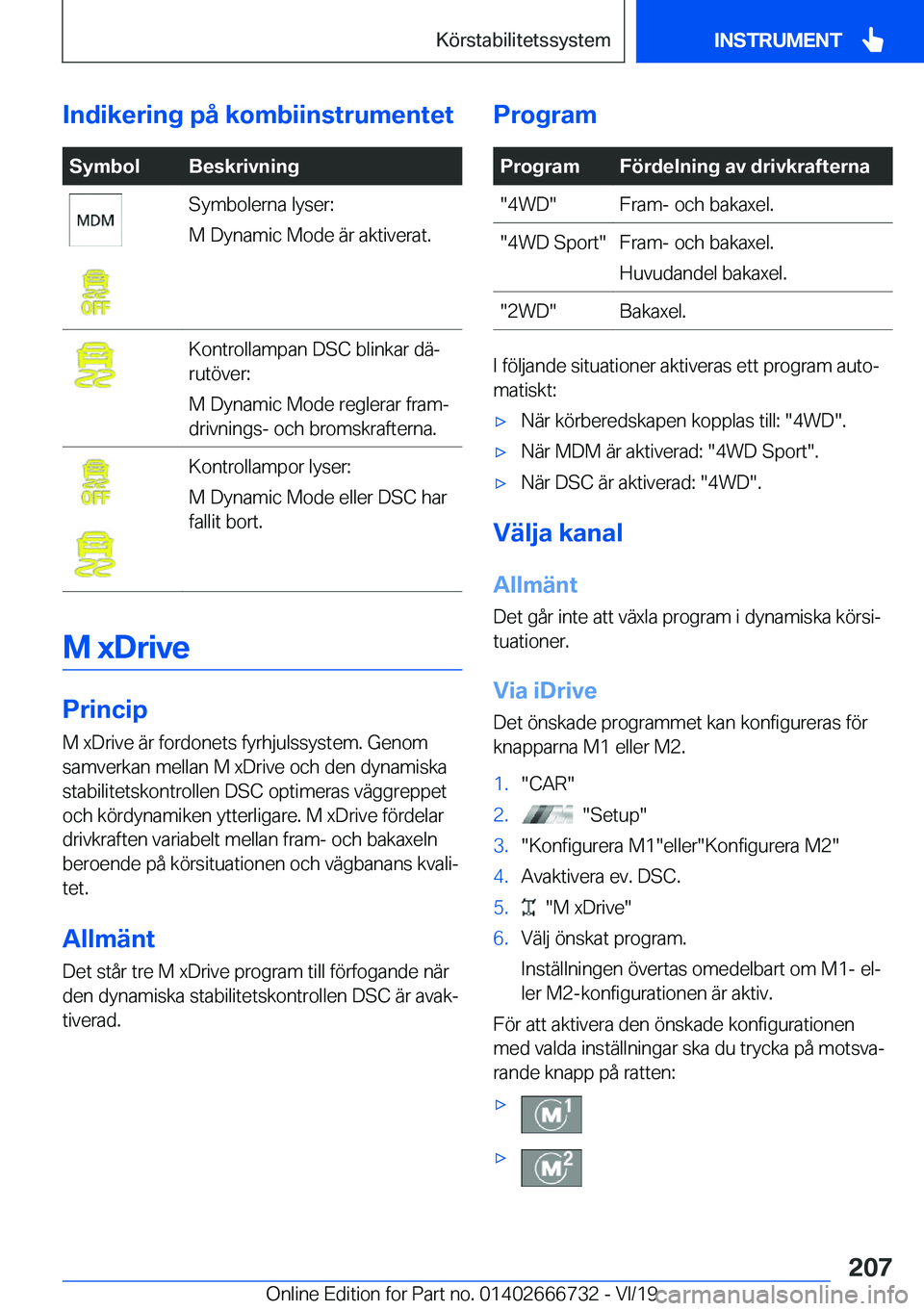 BMW M5 2020  InstruktionsbÖcker (in Swedish) �I�n�d�i�k�e�r�i�n�g��p�å��k�o�m�b�i�i�n�s�t�r�u�m�e�n�t�e�t�S�y�m�b�o�l�B�e�s�k�r�i�v�n�i�n�g�S�y�m�b�o�l�e�r�n�a��l�y�s�e�r�:
�M��D�y�n�a�m�i�c��M�o�d�e��ä�r��a�k�t�i�v�e�r�a�t�.�K�o�n�t�r�