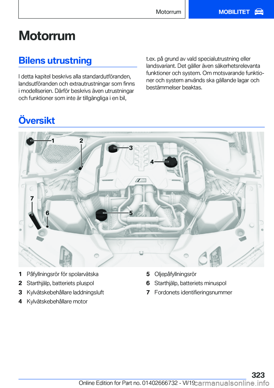 BMW M5 2020  InstruktionsbÖcker (in Swedish) �M�o�t�o�r�r�u�m�B�i�l�e�n�s��u�t�r�u�s�t�n�i�n�g
�I��d�e�t�t�a��k�a�p�i�t�e�l��b�e�s�k�r�i�v�s��a�l�l�a��s�t�a�n�d�a�r�d�u�t�f�