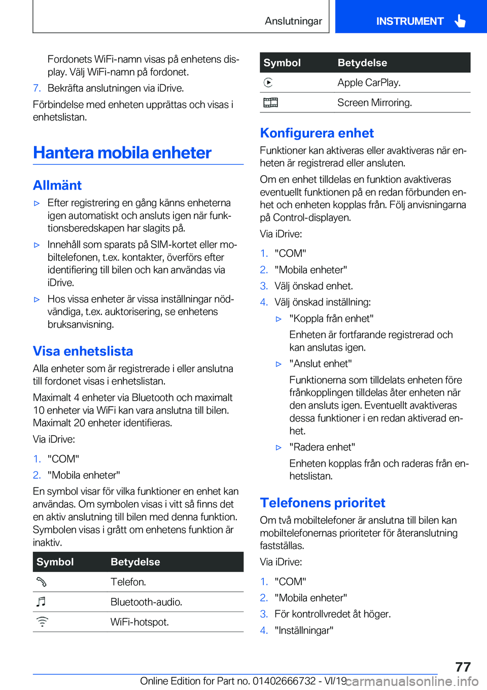 BMW M5 2020  InstruktionsbÖcker (in Swedish) �F�o�r�d�o�n�e�t�s��W�i�F�i�-�n�a�m�n��v�i�s�a�s��p�å��e�n�h�e�t�e�n�s��d�i�sj
�p�l�a�y�.��V�ä�l�j��W�i�F�i�-�n�a�m�n��p�å��f�o�r�d�o�n�e�t�.�7�.�B�e�k�r�ä�f�t�a��a�n�s�l�u�t�n�i�n�g�e�