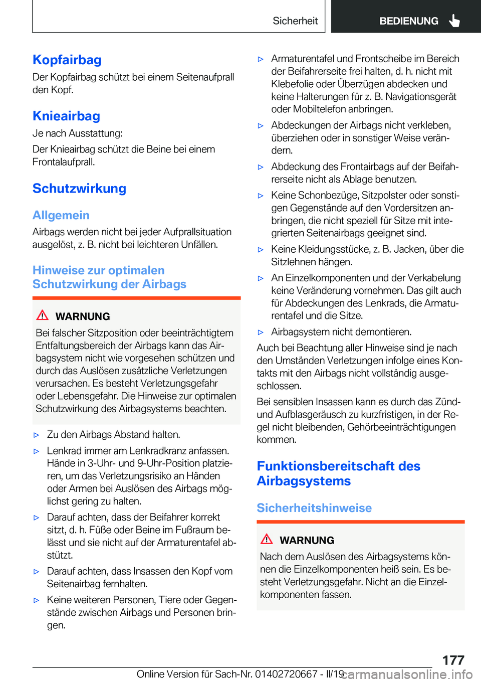 BMW M5 2019  Betriebsanleitungen (in German) �K�o�p�f�a�i�r�b�a�g�D�e�r��K�o�p�f�a�i�r�b�a�g��s�c�h�