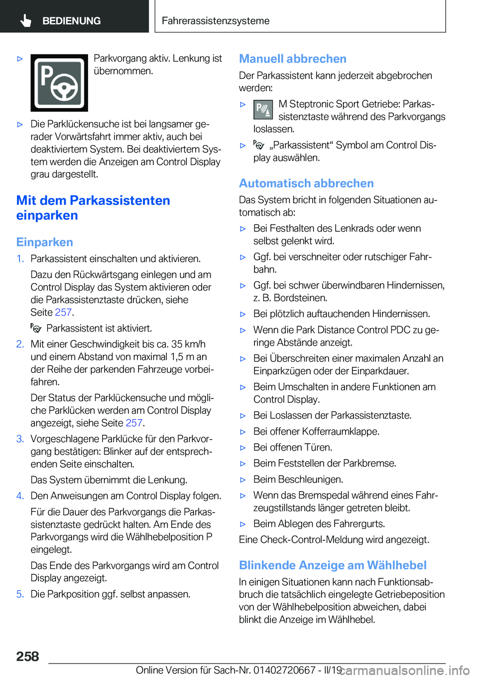 BMW M5 2019  Betriebsanleitungen (in German) 'x�P�a�r�k�v�o�r�g�a�n�g��a�k�t�i�v�.��L�e�n�k�u�n�g��i�s�t�