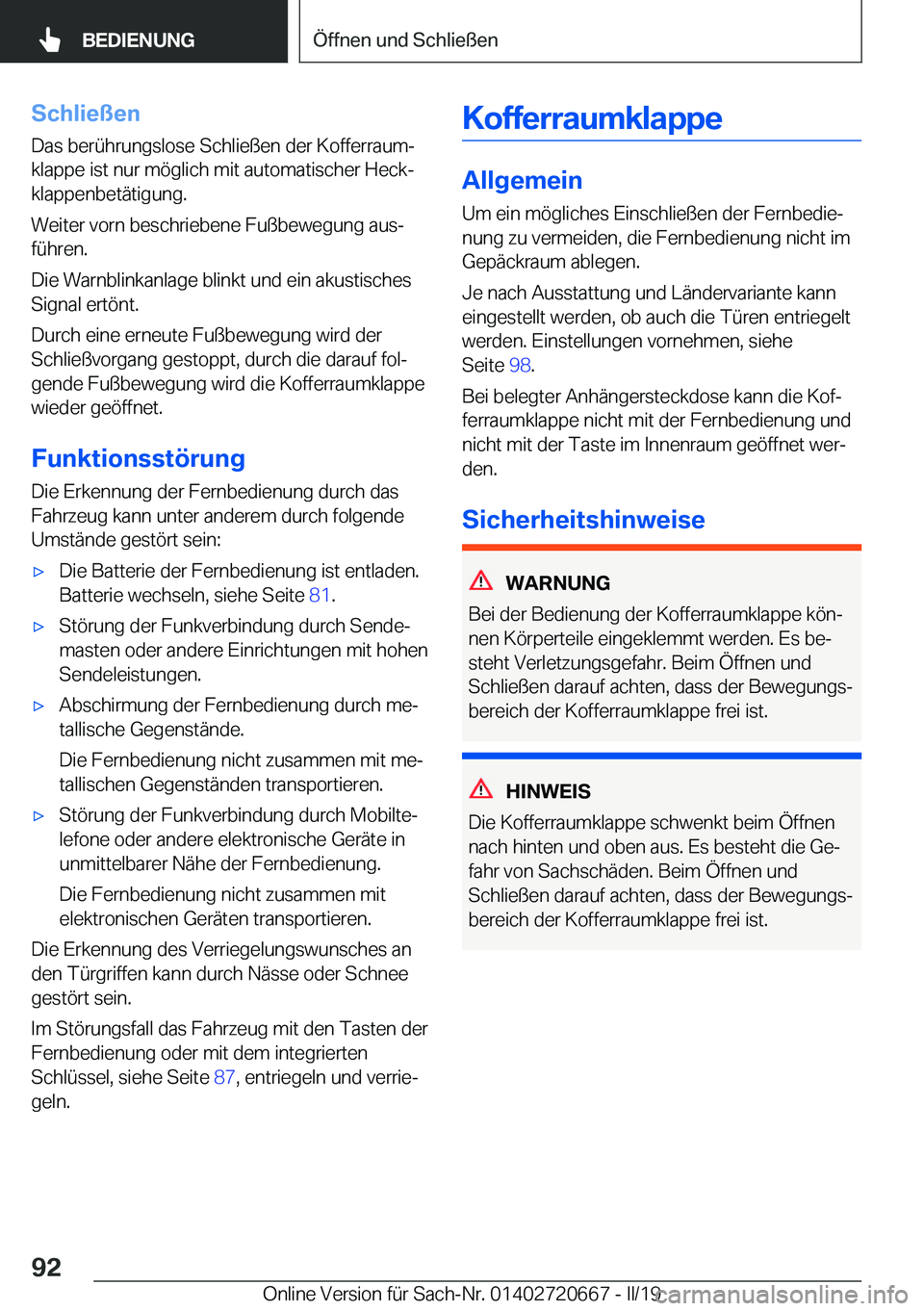 BMW M5 2019  Betriebsanleitungen (in German) �S�c�h�l�i�e�