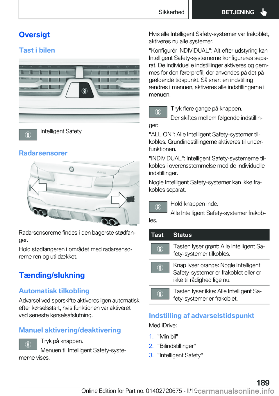 BMW M5 2019  InstruktionsbØger (in Danish) �O�v�e�r�s�i�g�t
�T�a�s�t��i��b�i�l�e�n
�I�n�t�e�l�l�i�g�e�n�t��S�a�f�e�t�y
�R�a�d�a�r�s�e�n�s�o�r�e�r
�R�a�d�a�r�s�e�n�s�o�r�e�r�n�e��f�i�n�d�e�s��i��d�e�n��b�a�g�e�r�s�t�e��s�t�