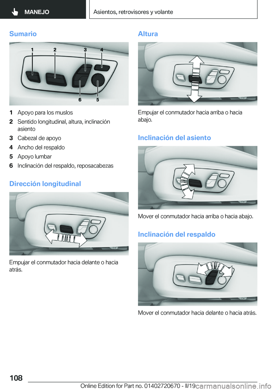 BMW M5 2019  Manuales de Empleo (in Spanish) �S�u�m�a�r�i�o�1�A�p�o�y�o��p�a�r�a��l�o�s��m�u�s�l�o�s�2�S�e�n�t�i�d�o��l�o�n�g�i�t�u�d�i�n�a�l�,��a�l�t�u�r�a�,��i�n�c�l�i�n�a�c�i�