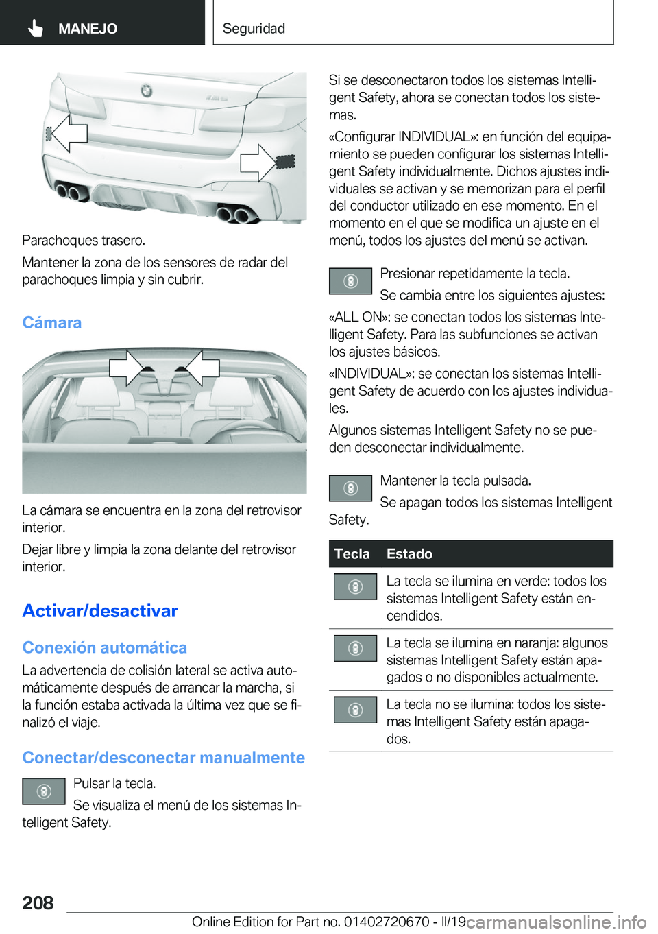 BMW M5 2019  Manuales de Empleo (in Spanish) �P�a�r�a�c�h�o�q�u�e�s��t�r�a�s�e�r�o�.
�M�a�n�t�e�n�e�r��l�a��z�o�n�a��d�e��l�o�s��s�e�n�s�o�r�e�s��d�e��r�a�d�a�r��d�e�l
�p�a�r�a�c�h�o�q�u�e�s��l�i�m�p�i�a��y��s�i�n��c�u�b�r�i�r�.
�C�