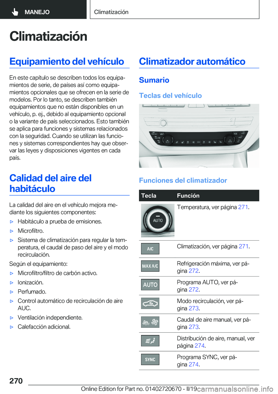 BMW M5 2019  Manuales de Empleo (in Spanish) �C�l�i�m�a�t�i�z�a�c�i�