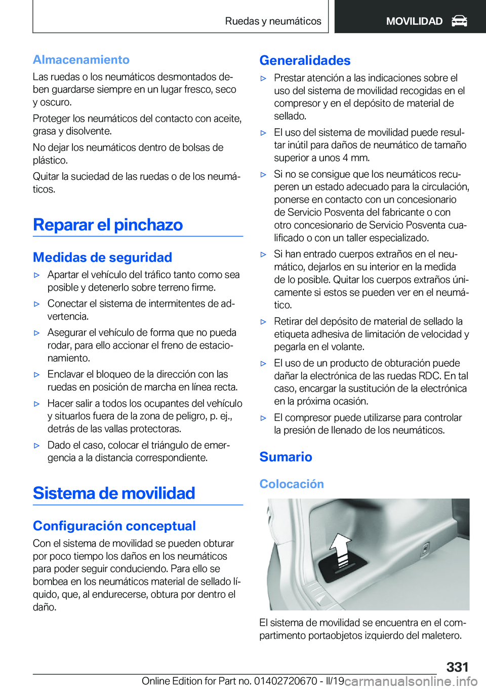 BMW M5 2019  Manuales de Empleo (in Spanish) �A�l�m�a�c�e�n�a�m�i�e�n�t�o�L�a�s��r�u�e�d�a�s��o��l�o�s��n�e�u�m�