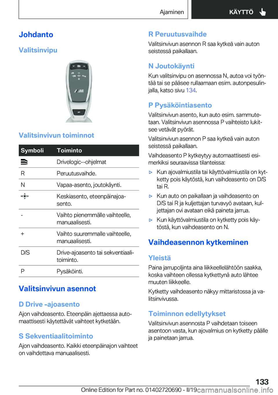 BMW M5 2019  Omistajan Käsikirja (in Finnish) �J�o�h�d�a�n�t�o
�V�a�l�i�t�s�i�n�v�i�p�u
�V�a�l�i�t�s�i�n�v�i�v�u�n��t�o�i�m�i�n�n�o�t
�S�y�m�b�o�l�i�T�o�i�m�i�n�t�o��D�r�i�v�e�l�o�g�i�c�-�-�o�h�j�e�l�m�a�t�R�P�e�r�u�u�t�u�s�v�a�i�h�d�e�.�N�V�a�