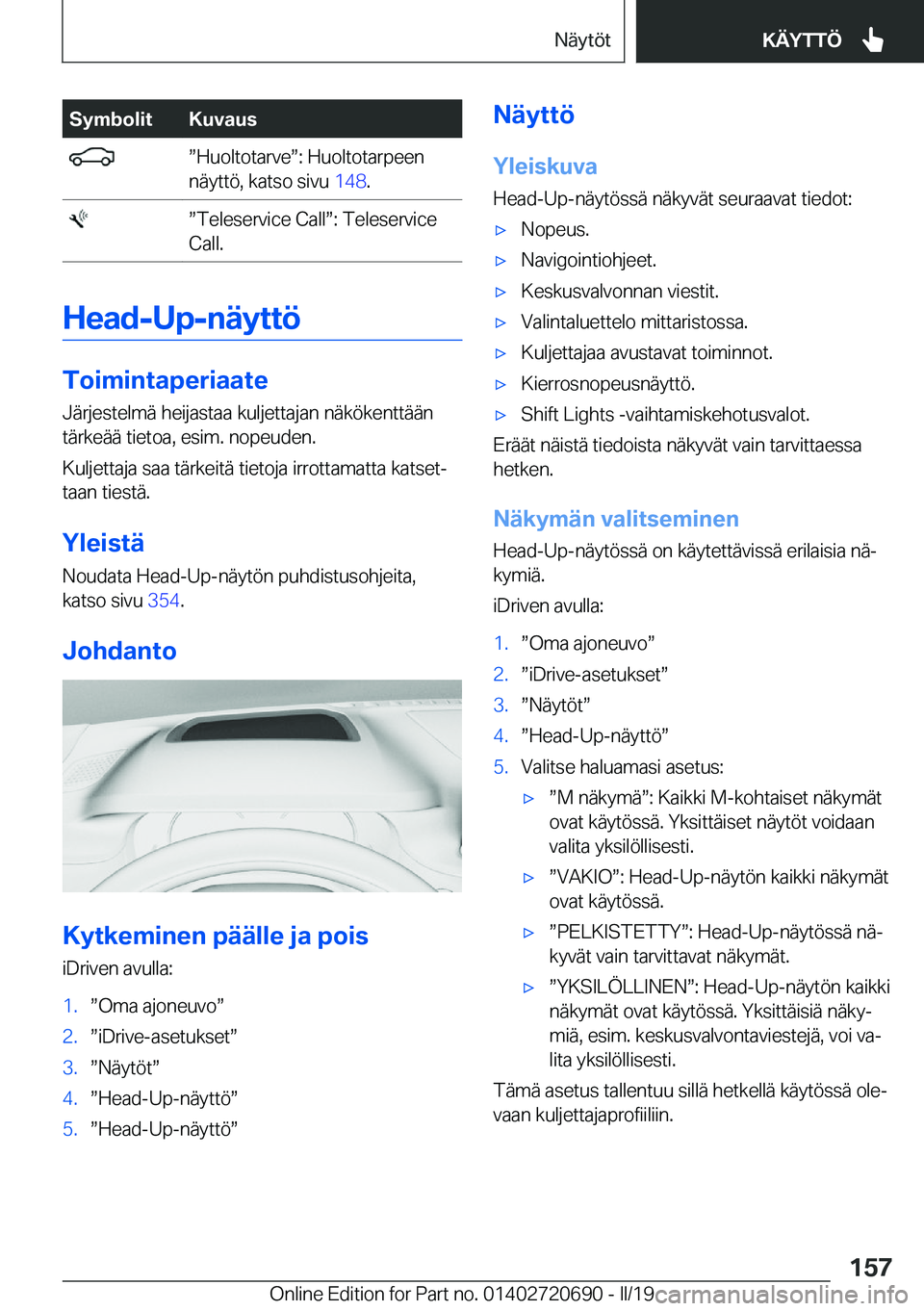 BMW M5 2019  Omistajan Käsikirja (in Finnish) �S�y�m�b�o�l�i�t�K�u�v�a�u�s�w�H�u�o�l�t�o�t�a�r�v�ew�:��H�u�o�l�t�o�t�a�r�p�e�e�n
�n�