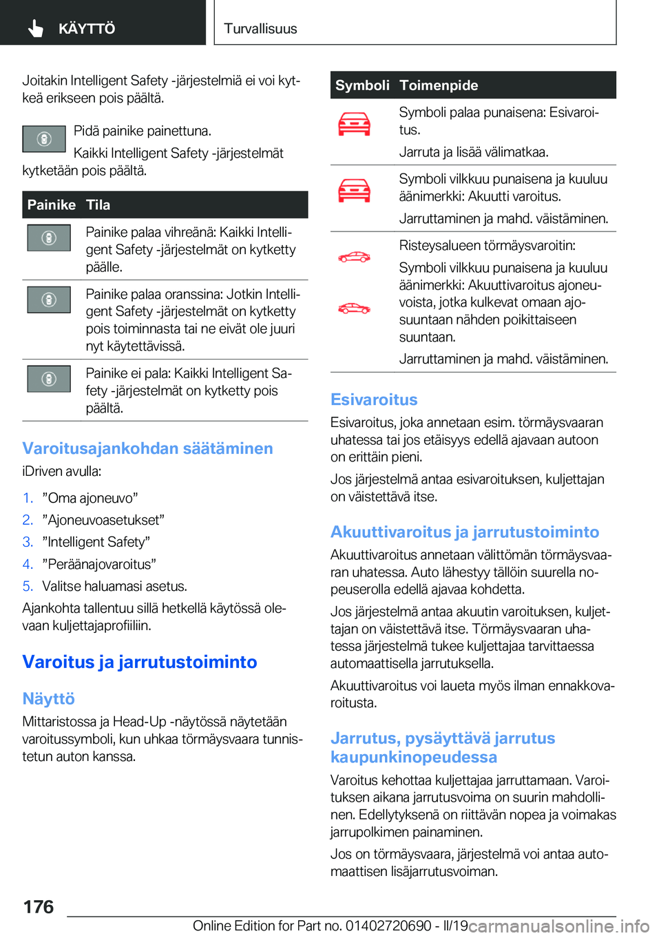 BMW M5 2019  Omistajan Käsikirja (in Finnish) �J�o�i�t�a�k�i�n��I�n�t�e�l�l�i�g�e�n�t��S�a�f�e�t�y��-�j�