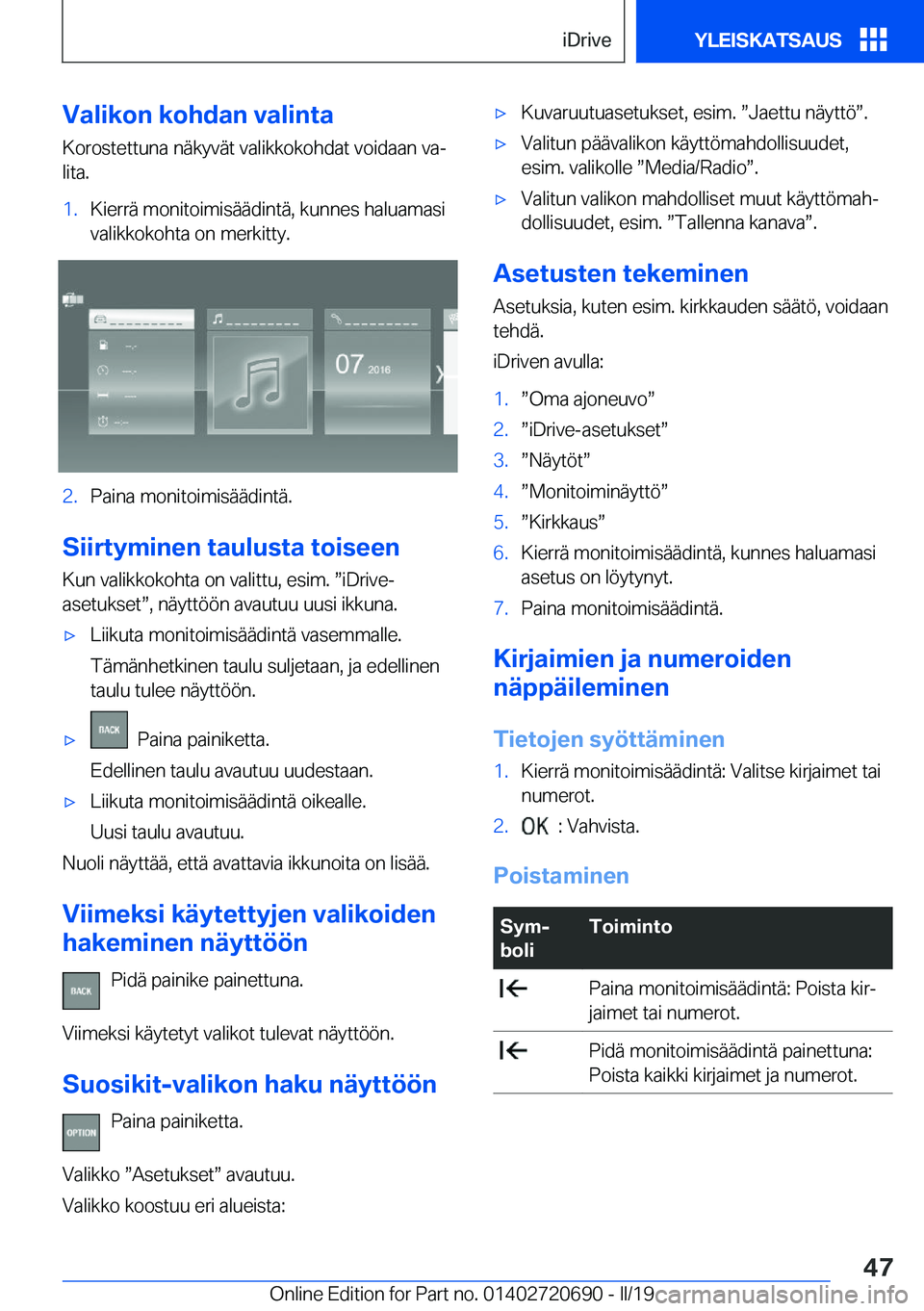 BMW M5 2019  Omistajan Käsikirja (in Finnish) �V�a�l�i�k�o�n��k�o�h�d�a�n��v�a�l�i�n�t�a�K�o�r�o�s�t�e�t�t�u�n�a��n�